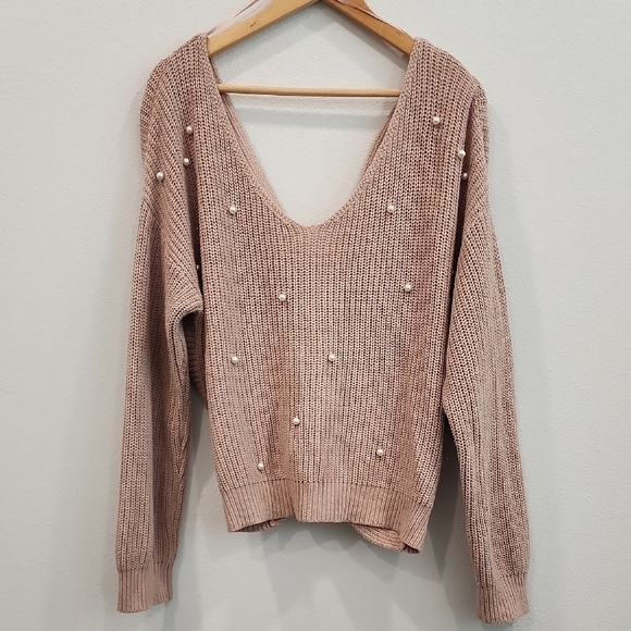 Jessica Simpson Tan V-Neck Sweater with Pearl Accents - Picture 1 of 7